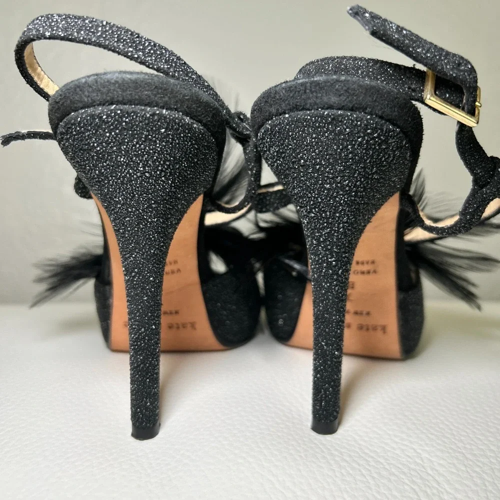Kate Spade Glitter Feather Black‎ Open Toe Slingback Pumps Heels Size 7